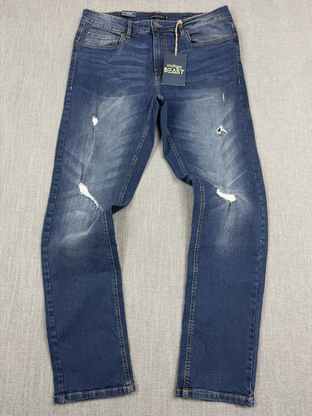Indigo Beast Slim Straight Distressed Jeans Men’s 36x32 Stretch Dark Wash NWT